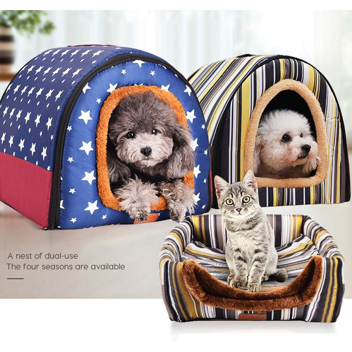 Лежанка для собак і котів Hongbi 2 в 1: хатинка та диван, знімний мат, блакитний з білим зірками (2XL, кольорові смужки)