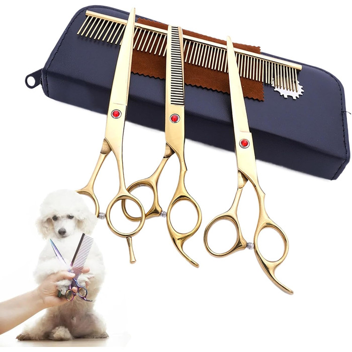 Набір професійних ножиць для грумінгу собак (7 шт.) | З нержавіючої сталі | Ножиці для догляду за тваринами [Золотий]