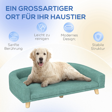 PawHut Dog Sofa Зручний диван для домашніх тварин з подушкою для великих собак, піднята конструкція з дерев'яними ніжками, зелений 98x67x25см