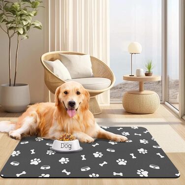 Підкладка для годівлі домашніх тварин – вбираюча підкладка під миски для їжі та води, без плям, швидковисихаюча (темно-сіра, з кількома лапами, 44.5 x 71 см)