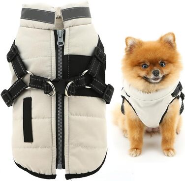 Теплий халат для тварин SMALLLEE_LUCKY_STORE з підкладкою з флісу, спортивна зимова куртка, жилет з повідком, D-подібний кільце, для маленьких собак та котів, світловідбиваючий, на блискавці, з підкладкою, чихуахуа, йоркширський тер'єр, (кремовий, L)
