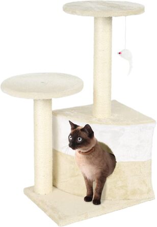 Дряпалка для котів Wiltec бежевого кольору, 71 см, з двома платформами, гніздом та іграшкою, кігтеточка-вежа для котів