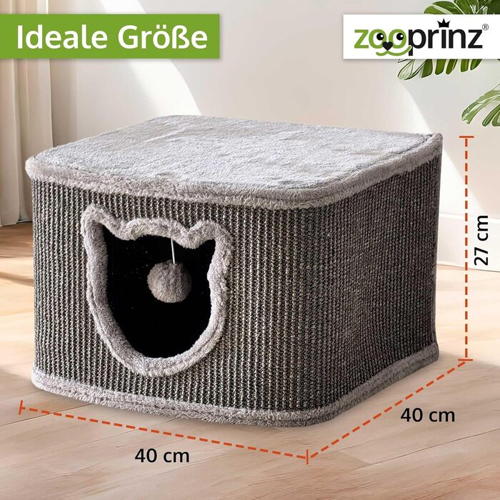 Преміум котячий будиночок Zooprinz – котячий кошик для кота – з товстими сизалевими стінами – печеринка з м'яким плюшем та іграшкою – котячий будиночок у скандинавському стилі (сірий)