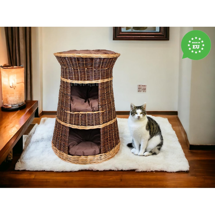 Корзина для котів для сну – котяча хатинка для дому – розмір 43 x 49 x 70 см, кругла – котяча печера з лози, трирівневе ліжко для собак або котів з пральними подушками в бежевому кольорі – лакована корзина (коричневі подушки)
