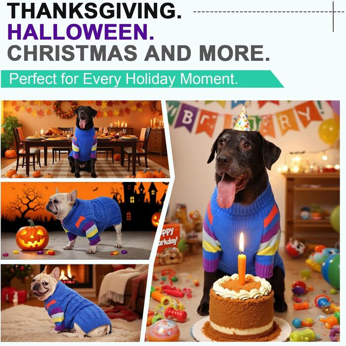 Пуловер для собак середнього розміру OUOBOB, теплий в'язаний зимовий пуловер з отвором на животі, еластичний светр для Бостон Тер'єрів та Французьких Бульдогів, L, Синій