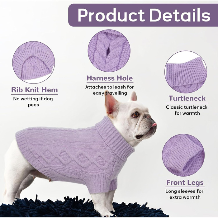 Пуловер для собак - простий та елегантний, теплий, з отвором для повідка, для середніх собак, Французький бульдог (Lila M) M(Обхват грудей 44см, довжина спини 34см), фіолетовий