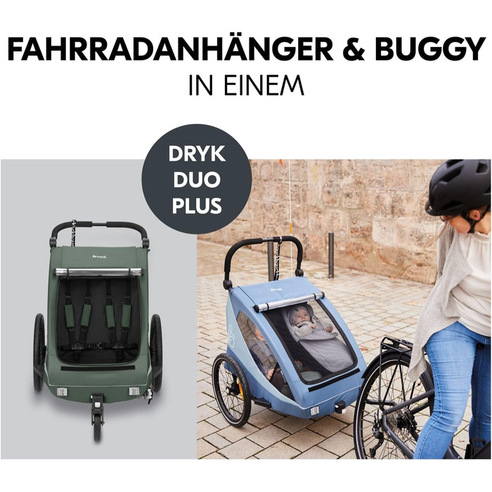 Фаркоп-причіп Hauck Dryk Duo Plus Set для 2 дітей з люлькою, тентом та дощовим захистом – складаний, з підвіскою та функцією коляски (Темно-зелений)