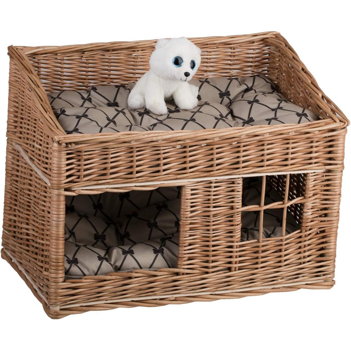 Двоярусна котяча хатинка з плетіння з лози, котячий кошик, хатинка для котів з подушкою та вікном (бежевий, натуральний)