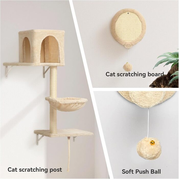 Комплекс для котів BYBYME з гамаком, ліжком та полицями, 6шт. Міцні меблі для котів з плюшевою стійкою, когтеточкою та сизалевими стовпчиками (Бежевий)