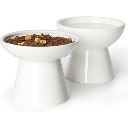 Набір мисок для котів YauYik (2 шт.) – керамічні миски для корму та води, підняті, широкі, білі