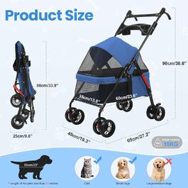 Складаний візок для собак з 4 колесами та дихаючою сіткою - Легкий транспортний візок для маленьких собак та котів до 10 кг, з регульованим сонцезахистом, тримачем для напоїв та страхувальним ременем (Блакитний)