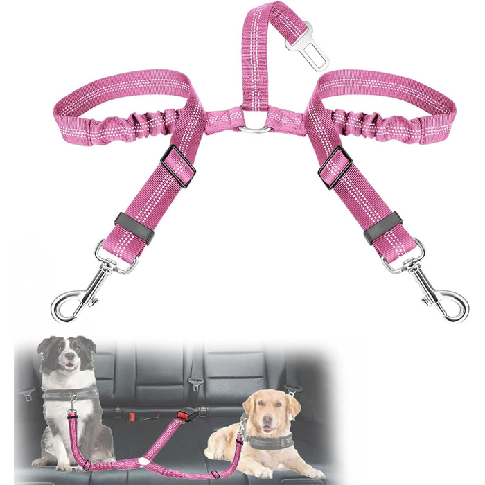 Авторемень для собак у машину, еластичний подвійний авторемень для собак, регульований авторемень для собак (рожевий)