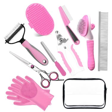 Набір для догляду за домашніми тваринами 10 предметів: щітка для собак проти випадіння шерсті з обрізачем кігтів та тримером, аксесуари для догляду за собаками/кішками, гребінець для видалення ковтунів + аксесуари для купання для всіх тварин