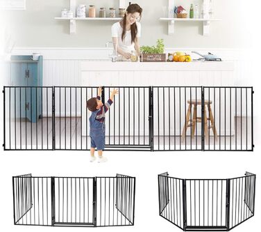 Захисна сітка для каміна Daromigo, 304 см, металева з дверцятами, сітка для дитячого манежу, захист від тварин, захист для дітей, чорна, 5 елементів