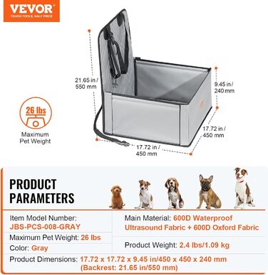 Автокрісло для собак VEVOR, сіре, до 12 кг, з підтримуючою рамою та страхувальним ременем