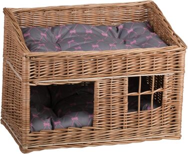 Двоярусна котяча хатинка з ротангу сірого кольору з подушкою та вікном | e-wicker24