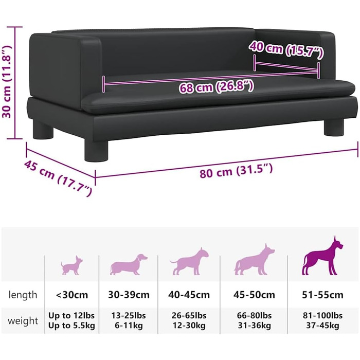 Ляжка для собак, м'яка подушка для собак, диван-софа для маленьких собак, лежанка для домашніх тварин, лежанка для котів, чорна штучна шкіра, 80 x 45 x 30 см, чорний колір