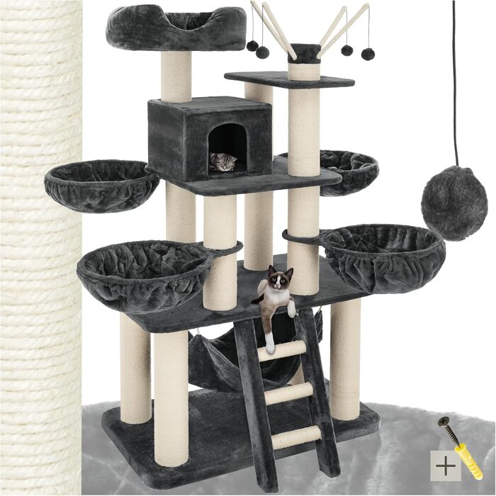 Дерев'яний комплекс для котів Tectake XXL, 195 см, з гамаком, сходами, печерею та когтеточками з сизалю, сірий/білий | 403327
