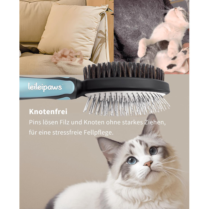 Двостороння щітка для собак та котів – вичісувальний гребінь для довгої та короткої шерсті, металеві щетинки та натуральна щетина, ергономічна ручка TPR, м'який та ефективний догляд за шерстю (Синьо-Чорний)