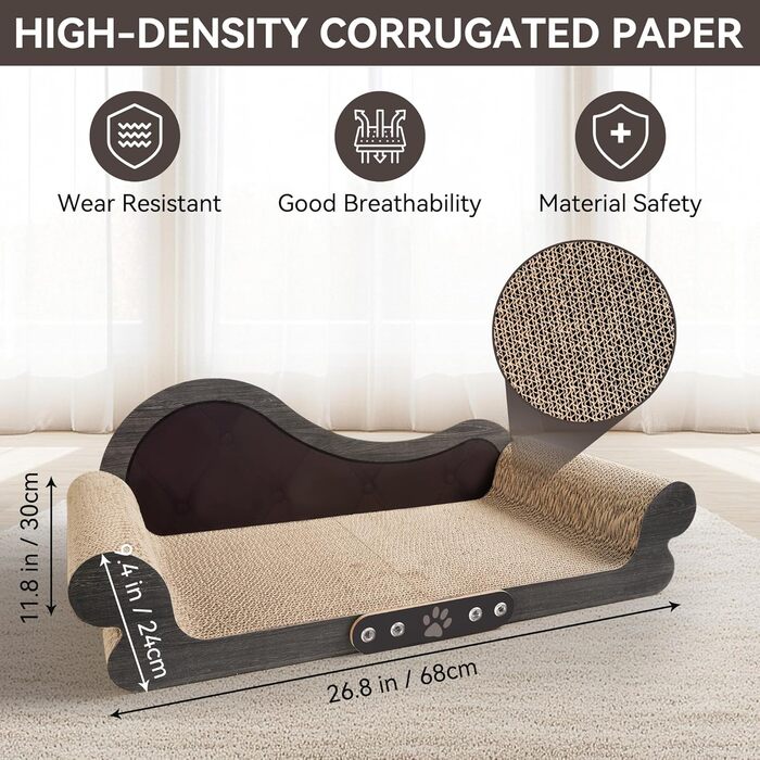 Кігтеточка для котів XXL, 68 см, килимок з дизайном дивану, з щільного гофрокартону для відпочинку та ігор