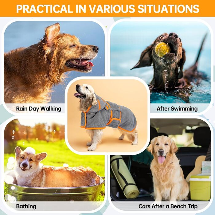 Рушник для собак OUOBOB з капюшоном, мікрофібра, для середніх собак, регульований пояс, Французький бульдог & Бостон Тер'єр, зелений (L, сірий)