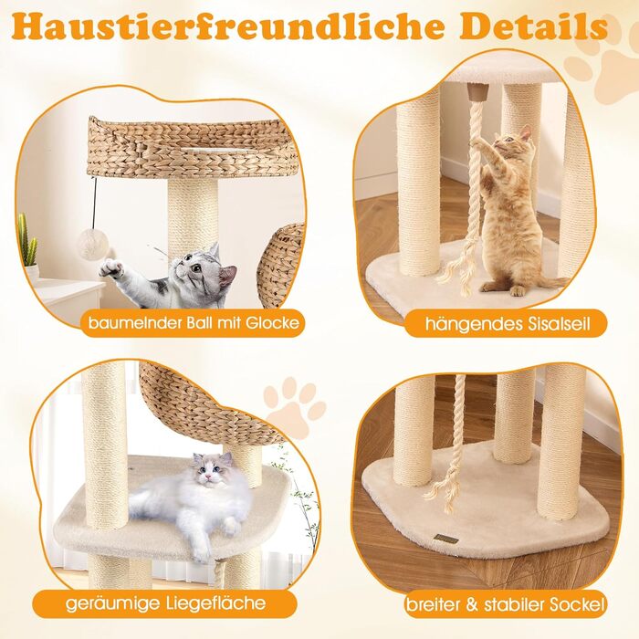 Драбина-стінка для котів GOPLUS з сизалевими стовпчиками, м'ячиком, гачком, просторою платформою, гніздом з соломи та стійкою конструкцією. Підходить для кількох котів (Бежевий)