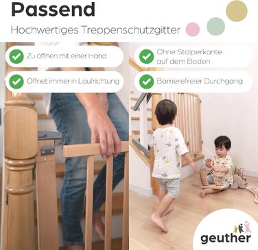 Захист для сходів Geuther Oris | Дверний захист для сходів з кріпленням, 2 клямки для поручнів, ширина регулюється | Стабільне дерев'яне дитяче ворота, натуральний лак (натуральний, 95-135 см)