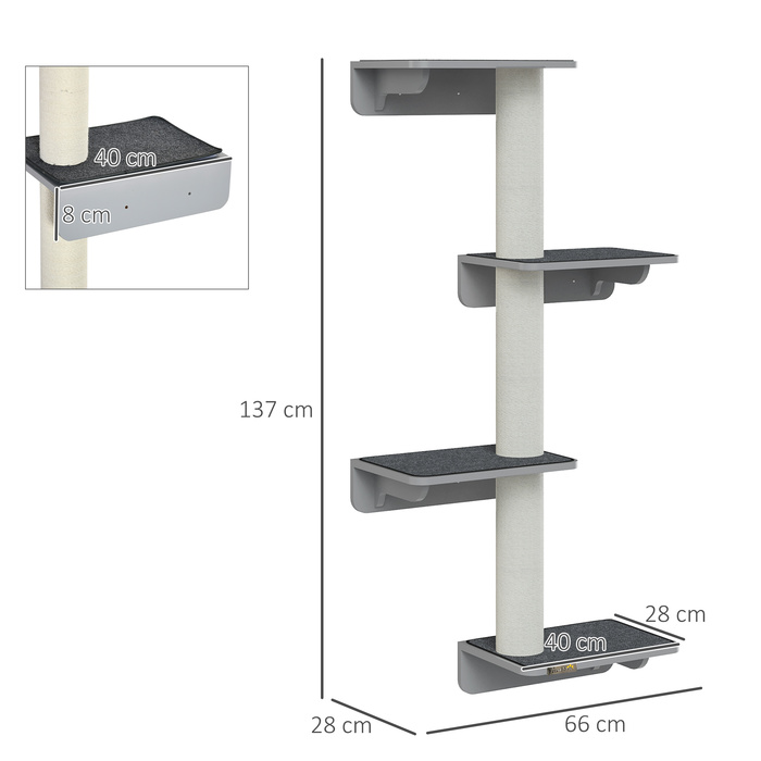 Кігтеточка PawHut Wall Cat Climbing Wall 66x28x137см, настінна з дерева в світло-сірому бежевому кольорі, ідеально підходить для любителів кішок
