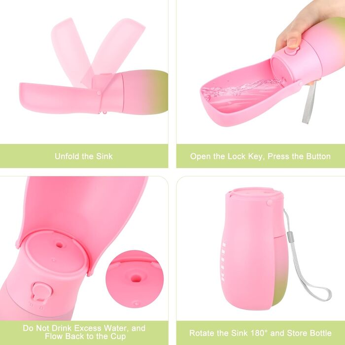 Подорожня пляшка для води для собак та котів JOPHEK 300мл з фільтром з активованого вугілля, зелено-рожева