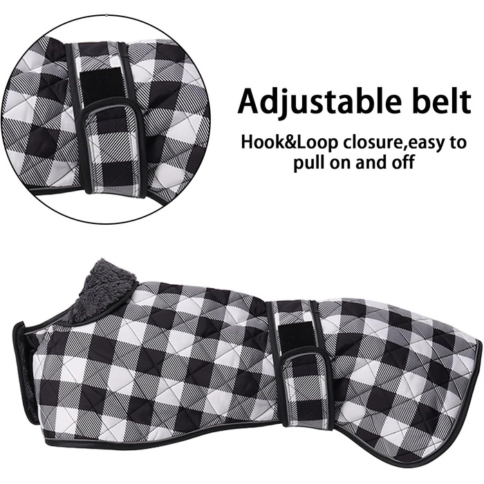 Водонепроникний теплий зимовий одяг для собак породи Віндгаунд/Вайппет/Лурчер, з флісовою підкладкою, регульований, розмір S (довжина спини 51-53 см), в клітинку, чорний