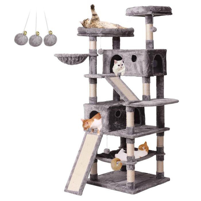 Кігтеточка-комплекс для великих котів 180 см, з будиночком, гамаком, сизалевим канатом та лежаком сірого кольору