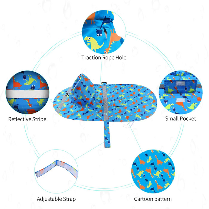 Дощовик для великих собак NACOCO, регульований, динозавр, водонепроникний, одяг, легка дощова куртка, пончо з капюшоном та смугами, світловідбиваючий, блакитний (розмір M, блакитний динозавр)