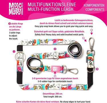 Повідок для собак Max & Molly 2м, мультифункціональний, з 2 карабінами, леопардовий рожевий, розмір L, м'яконабивний, безпечний і гнучкий