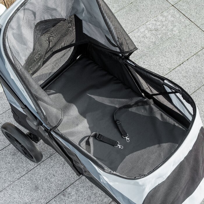 PawHut Коляска для собак Dog Buggy складна для великих собак і кішок до 30 кг Баггі для кішок з подушками Сітчасті вікна Двері Сумка для зберігання Котяча коляска з страхувальними тросами, гальмами, баггі Сірий | Аосом