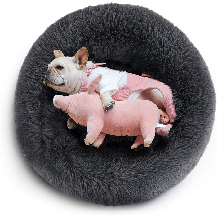 COOSLEEP HOME: М'яке ліжко для собак та котів з штучним хутром, Donut-подушка, водонепроникне дно, машинного прання, міцне (S, 58,4 x 58,4 см, темно-сірий)