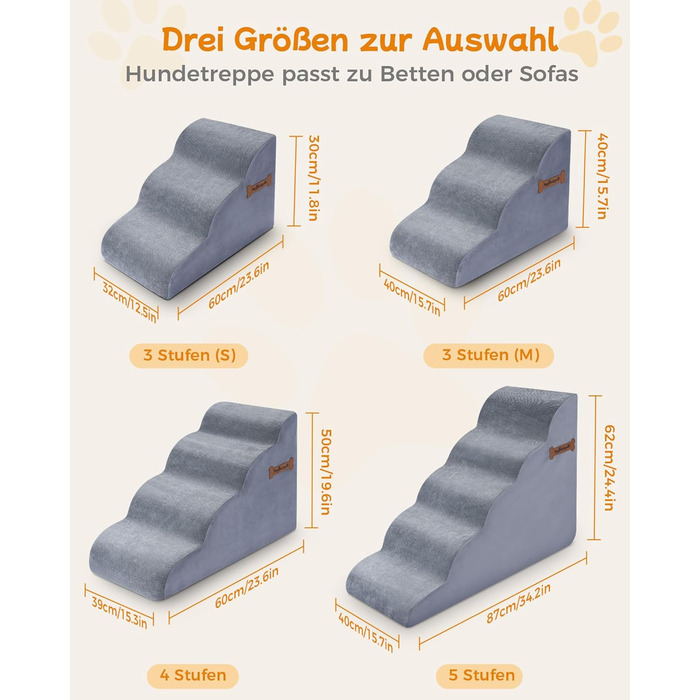 Сходинки для собак 5-ступеневі, 60 см - для дивана та високого ліжка, з антиковзким покриттям, підходять для маленьких тварин та котів з артритом