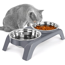 Підвищені миски для котів Befoco, проти блювоти, набір з 2 мисок з нержавіючої сталі, запобігає болю в шиї, миски для котів з ABS-підставкою, протиковзкі, для котів, сірий колір
