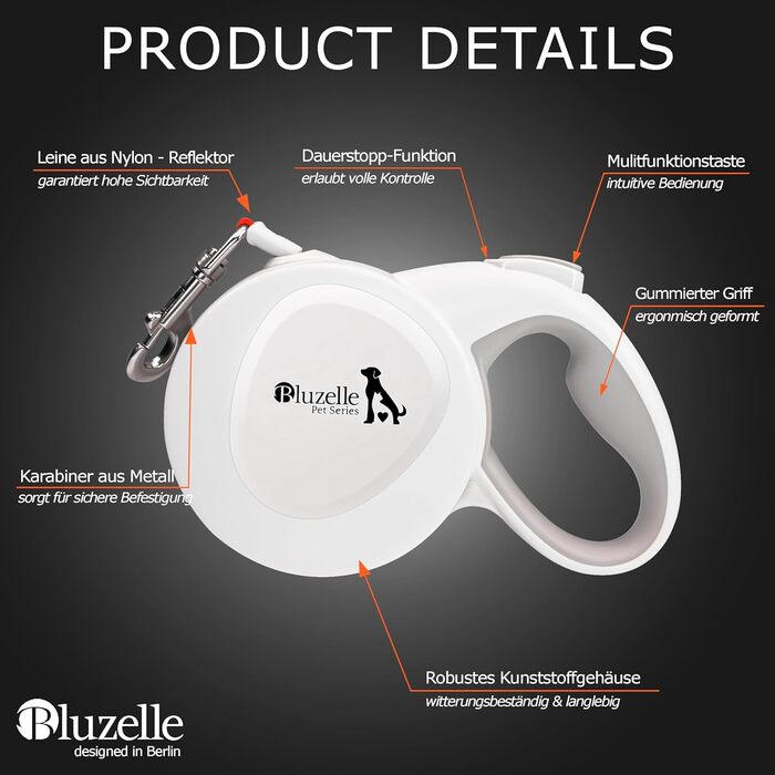Блузель 8м Рулетка для собак до 50 кг, Неонова жовта рулетка з відбивачем, карабін 360°, ергономічна ручка з гумою та стопором