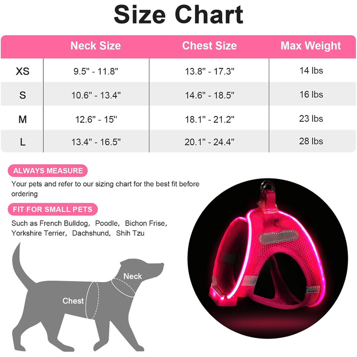 Світлодіодне шлейка для собак Feycig, зарядний акумулятор, світловідбиваючий, для цуценят та собак середніх розмірів, дихаюча шлейка (рожевий, X-Small)