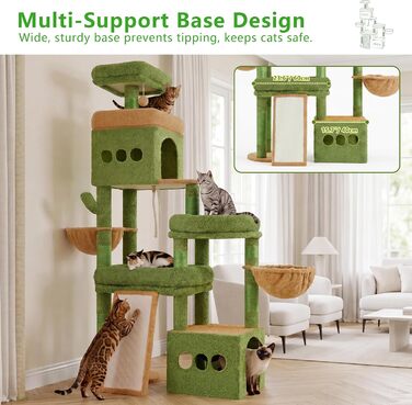 Heybly Kratzbaum HCT060MJ: Великий когтеточка для котів 184 см, 3 рівня, 2 печери, 2 кошики, сизаль, для декількох котів (Зелено-Жовтий)