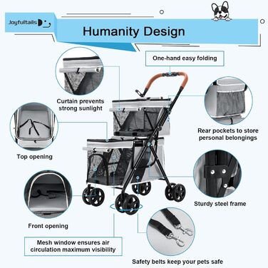 Візок для собак Joyfultails, складний, для маленьких собак та котів до 20 кг (сірий)