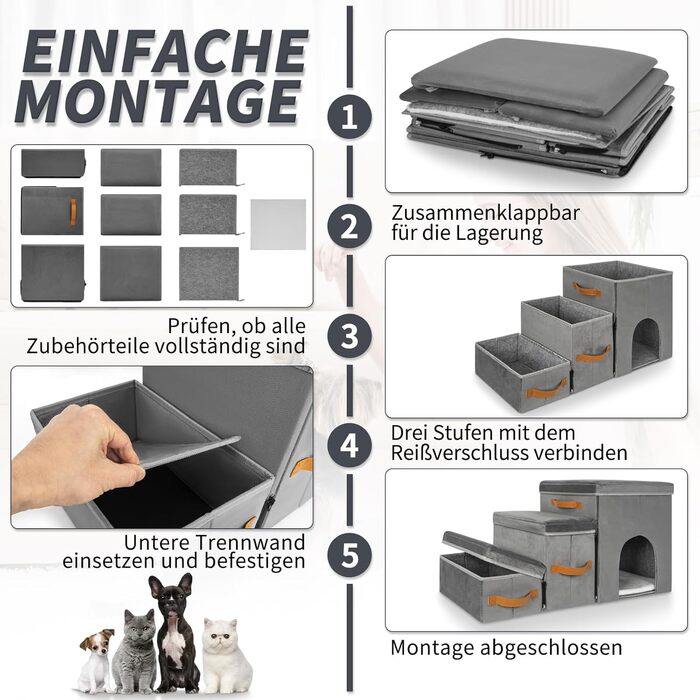 Сходинка для тварин OUUTMEE: складана сходинка для собак та котів з місцем для відпочинку, сіра (3 яруси з гніздом, 3 сходинки)