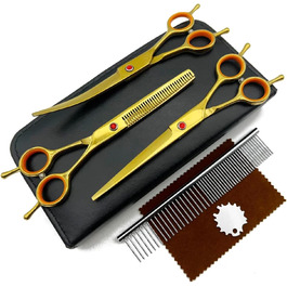 Ножиці для грумінгу собак та котів, нержавіюча сталь, професійний набір для догляду за шерстю, з вигнутими, прямими та розріджувальними ножицями (золотисто-жовтий)