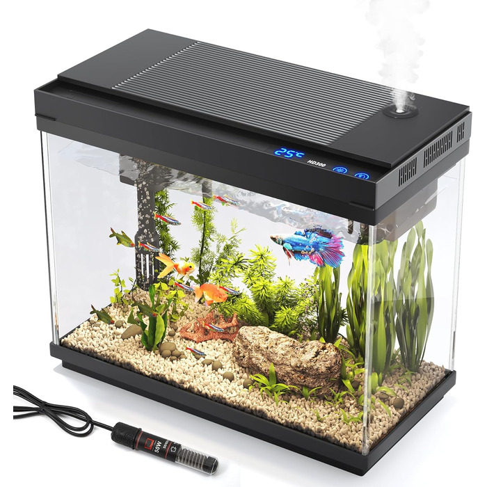 Акваріум Vehipa Nano 9L з підсвічуванням, фільтром, обігрівачем та зволожувачем повітря, UHD-скло, чорний