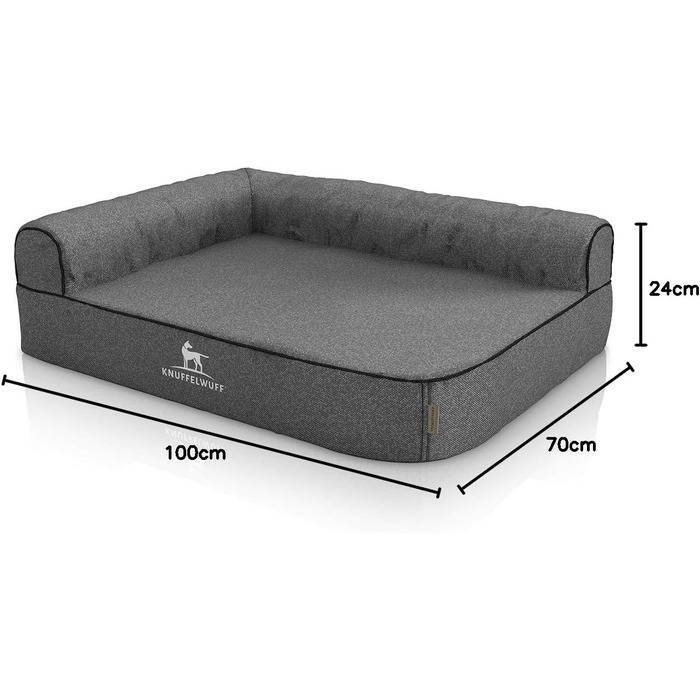 Ортопедичне кутове ліжко для собак Knuffelwuff Marlie з велюру, сіре, XL (100 x 70 см) з підголівником зліва, знімний чохол, для великих, середніх та малих собак
