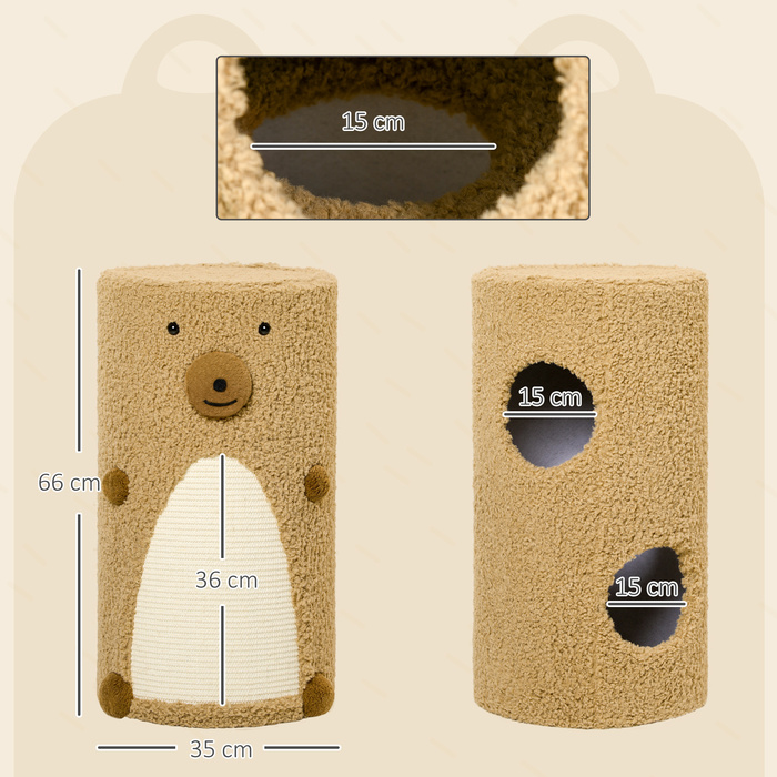PawHut Scratching Barrel Bear Design 2 яруси 2 печери з поверхнею для дряпання з сизалю Φ35 x 66 см Світло-коричневий для котячих меблів та розваг