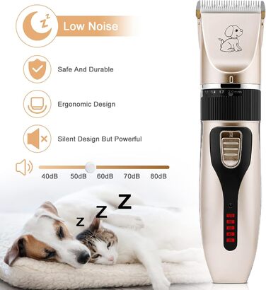 Професійна машинка для стрижки собак, тиха, для довгого та густого волосся, електрична, бездротова, акумуляторна, для собак, котів, домашніх тварин, чорний / золотий
