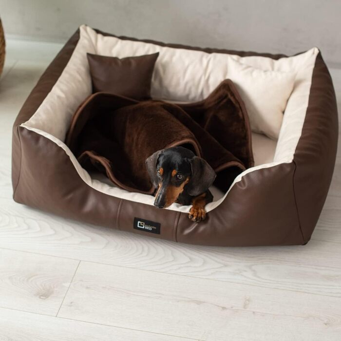 Ортопедичне ліжко для собак Eden, велике, середнє, маленьке - подушка для собак, килимок для собак з еко-шкіри + тканина Alcantara - зняття болю, стійке до зношування, міцне (L, коричнево-кремовий) L коричнево-кремовий