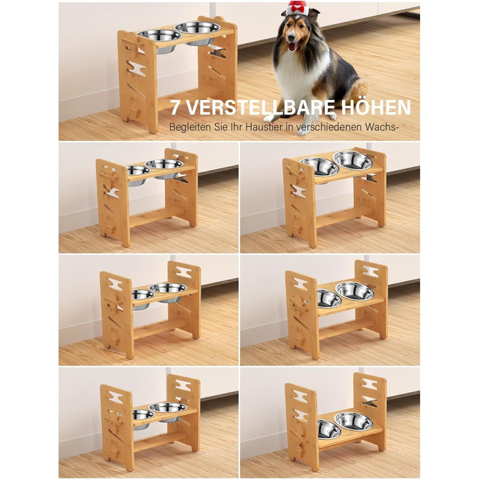 Підвищена годівниця для собак Vantic з підставкою, регульована висота, миска для маленьких собак та котів, з нержавіючої сталі, з двома мисками та протиковзкими ніжками (для середніх собак, бамбук)