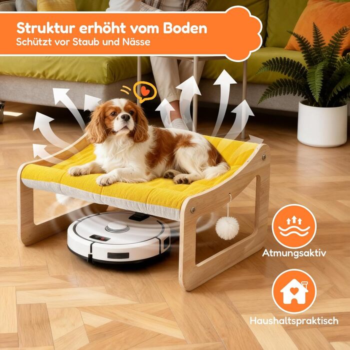 BSWAY Підвищене ліжко-софа для котів з дерева, сонячно-жовтий колір, 53x40 см, стильний котячий стільчик з знімним чохлом для матраца, до 15 кг